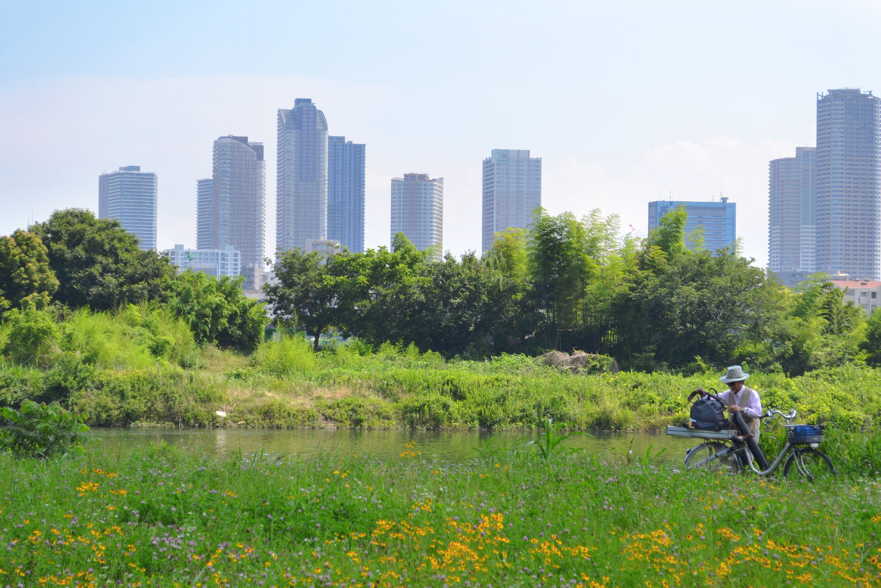 Un cycliste au bord de la rivière Tamagawa