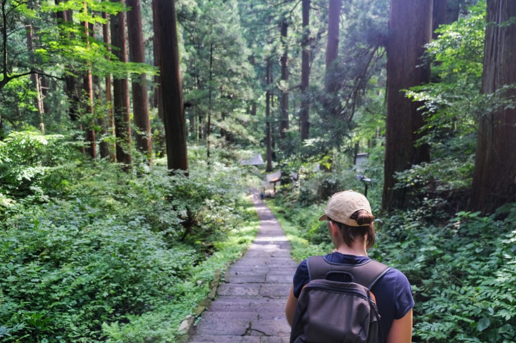 Le début du sentier du Mont Haguro (une descente pour l'illusion avant la montée)