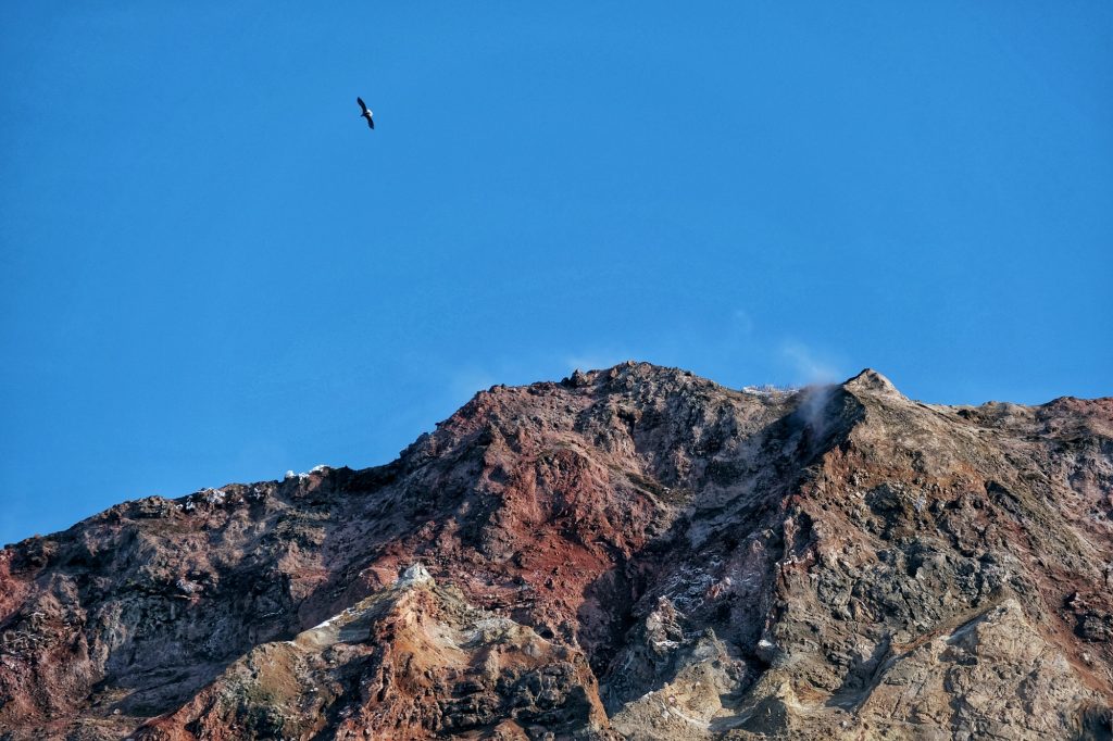 Un oiseau au dessus des fumées de la montagne près du lac Toya