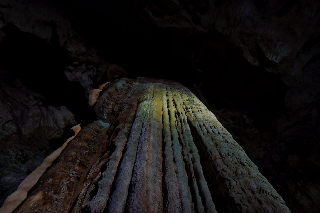 Une paroi-stalactites dans la grotte d'Akiyoshido