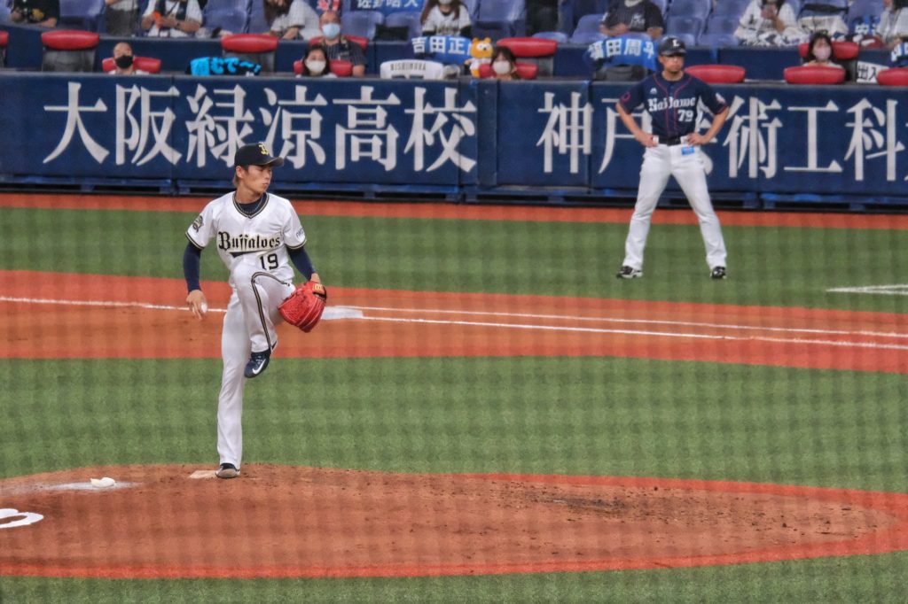 Un lanceur des Orix Buffaloes d'Osaka en début de lancer