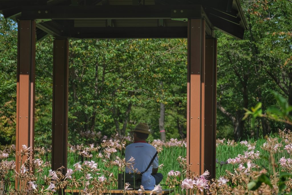 Un homme fait une pause à l'ombre dans le parc Expo '70 d'Osaka
